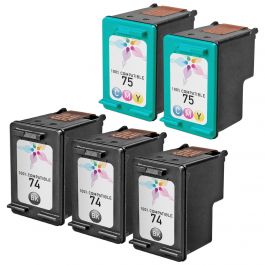 5 Piece Set of Remanufactured Replacement Ink Cartridges for HP 74 & 75